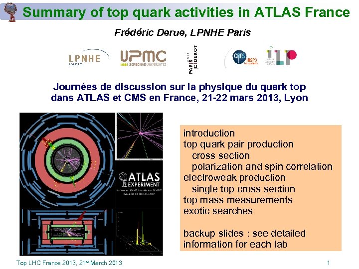 Summary of top quark activities in ATLAS France Frédéric Derue, LPNHE Paris Journées de