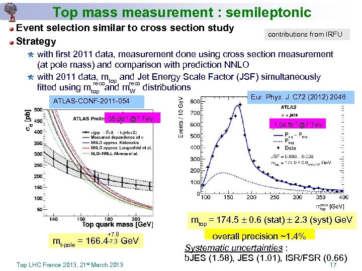 Top mass measurement : semileptonic Event selection similar to cross section study Strategy contributions