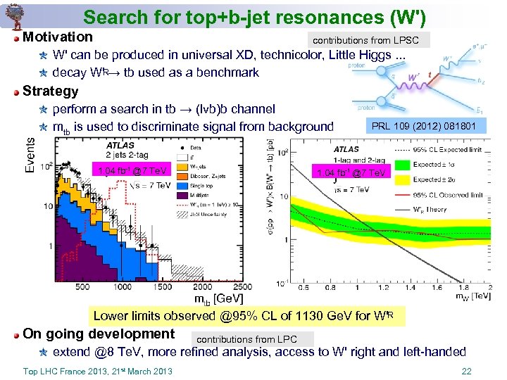 Search for top+b-jet resonances (W') Motivation contributions from LPSC W' can be produced in