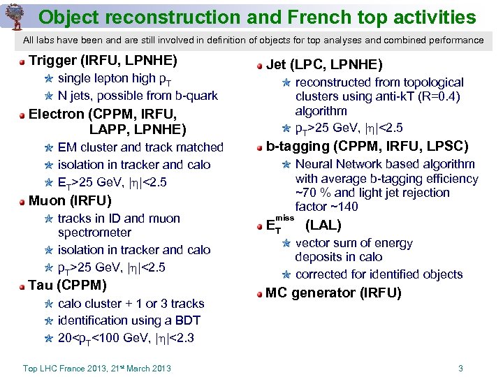 Object reconstruction and French top activities All labs have been and are still involved