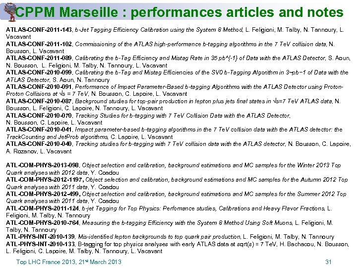 CPPM Marseille : performances articles and notes ATLAS-CONF-2011 -143, b-Jet Tagging Efficiency Calibration using