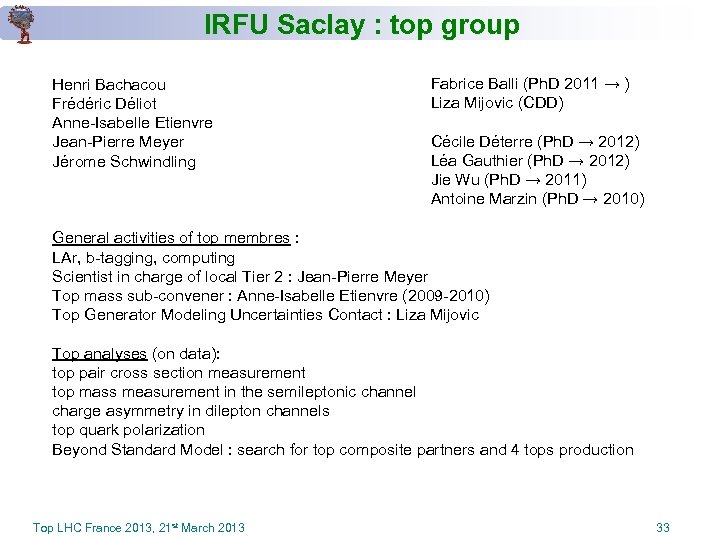 IRFU Saclay : top group Henri Bachacou Frédéric Déliot Anne-Isabelle Etienvre Jean-Pierre Meyer Jérome