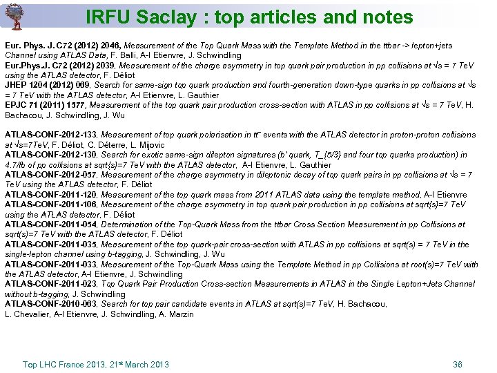IRFU Saclay : top articles and notes Eur. Phys. J. C 72 (2012) 2046,