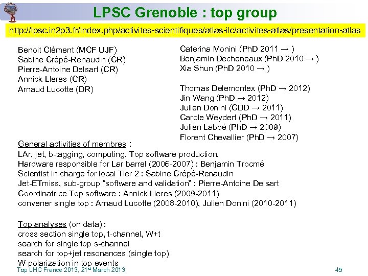 LPSC Grenoble : top group http: //lpsc. in 2 p 3. fr/index. php/activites-scientifiques/atlas-ilc/activites-atlas/presentation-atlas Benoit