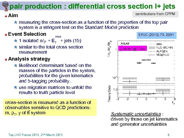 pair production : differential cross section l+ jets contributions from CPPM Aim measuring the