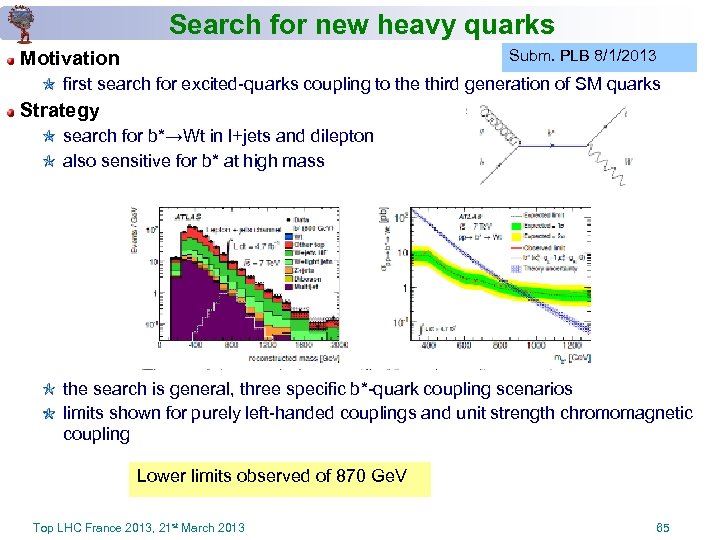 Search for new heavy quarks Subm. PLB 8/1/2013 Motivation first search for excited-quarks coupling