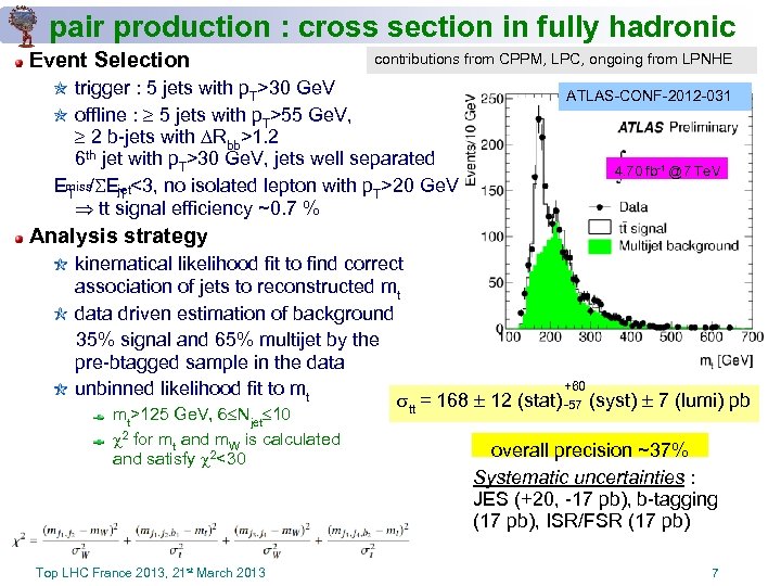 pair production : cross section in fully hadronic Event Selection contributions from CPPM, LPC,