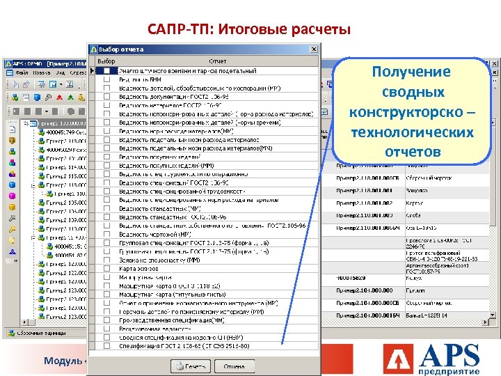 САПР-ТП: Итоговые расчеты Получение сводных конструкторско – технологических отчетов Модуль «APS-Техническая подготовка производства» 