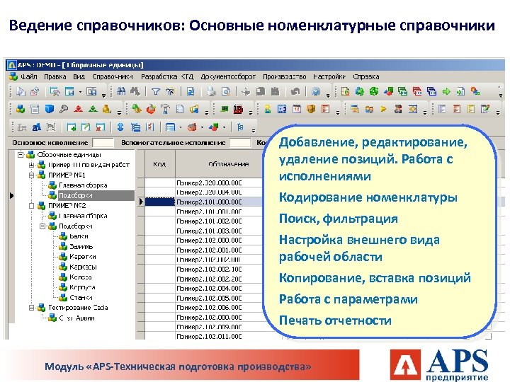 Ведение справочников: Основные номенклатурные справочники Добавление, редактирование, удаление позиций. Работа с исполнениями Кодирование номенклатуры