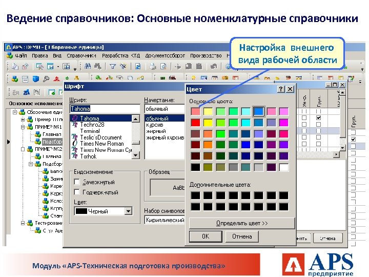 Ведение справочников: Основные номенклатурные справочники Настройка внешнего вида рабочей области Модуль «APS-Техническая подготовка производства»