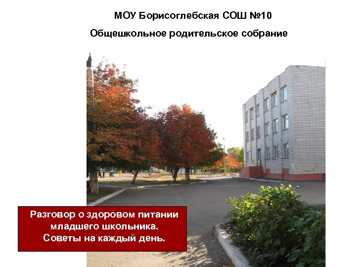 МОУ Борисоглебская СОШ № 10 Общешкольное родительское собрание Разговор о здоровом питании младшего школьника.
