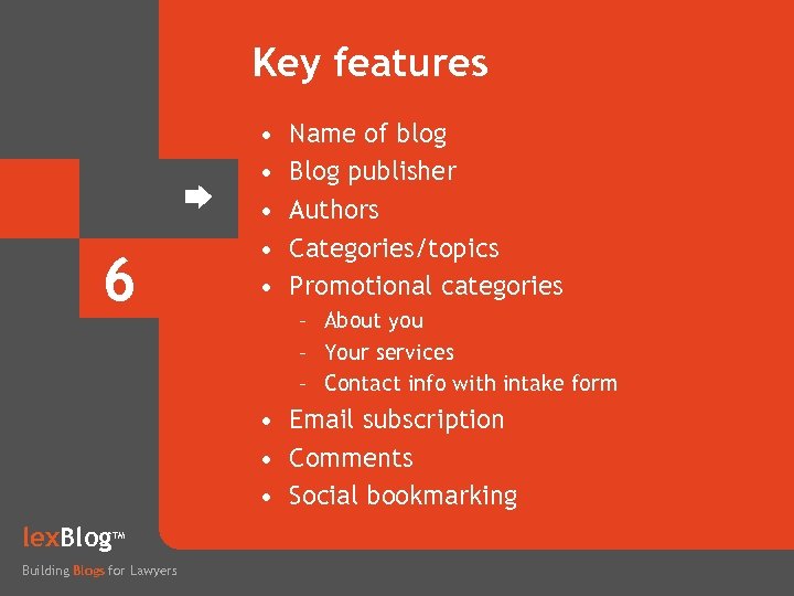 Key features 6 • • • Name of blog Blog publisher Authors Categories/topics Promotional
