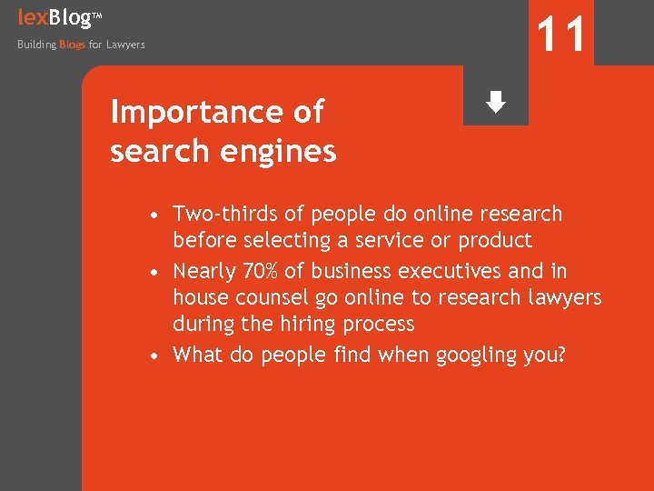 lex. Blog 11 TM Building Blogs for Lawyers Importance of search engines • Two-thirds