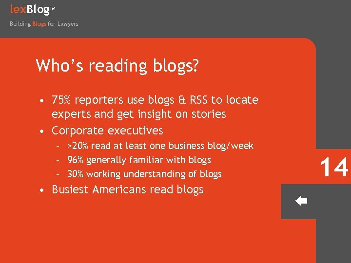 lex. Blog TM Building Blogs for Lawyers Who’s reading blogs? • 75% reporters use