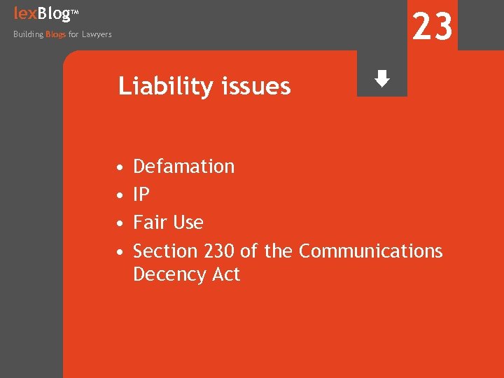 lex. Blog 23 TM Building Blogs for Lawyers Liability issues • • Defamation IP