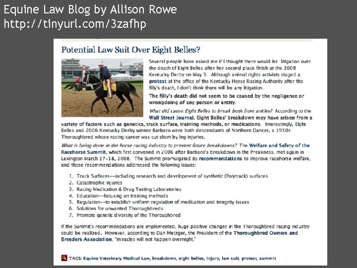 Equine Law Blog by Allison Rowe http: //tinyurl. com/3 zafhp 