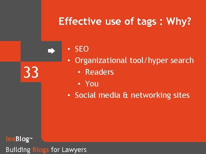 Effective use of tags : Why? 33 lex. Blog • SEO • Organizational tool/hyper