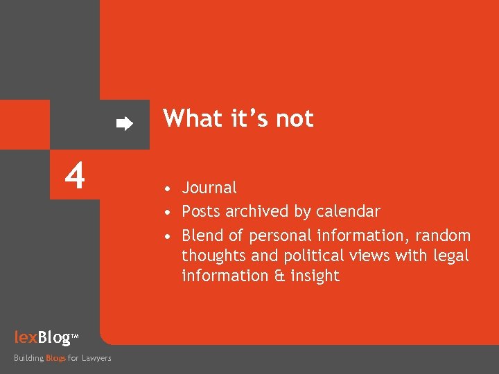 What it’s not 4 lex. Blog TM Building Blogs for Lawyers • Journal •