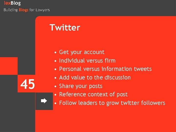 lex. Blog Building Blogs for Lawyers Twitter 45 • • Get your account Individual