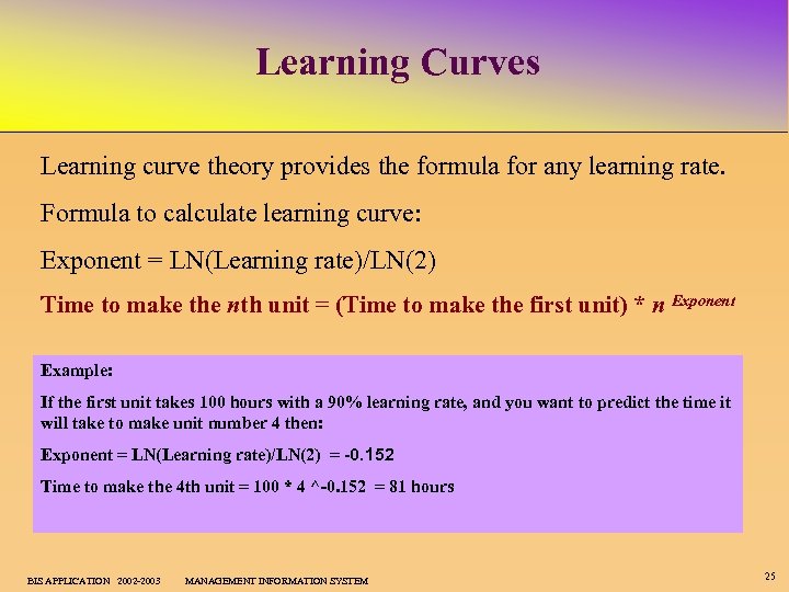 Learning Curves Learning curve theory provides the formula for any learning rate. Formula to