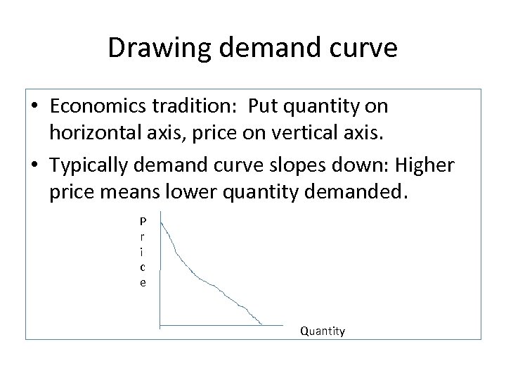 Drawing demand curve • Economics tradition: Put quantity on horizontal axis, price on vertical