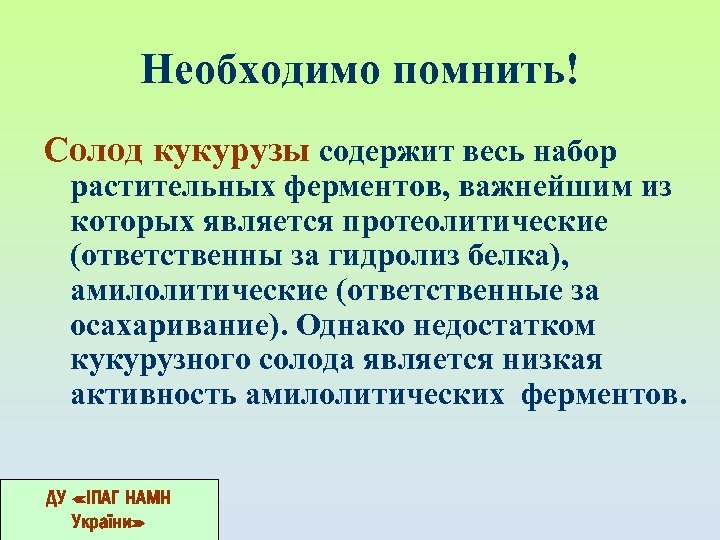 Необходимо помнить! Солод кукурузы содержит весь набор растительных ферментов, важнейшим из которых является протеолитические