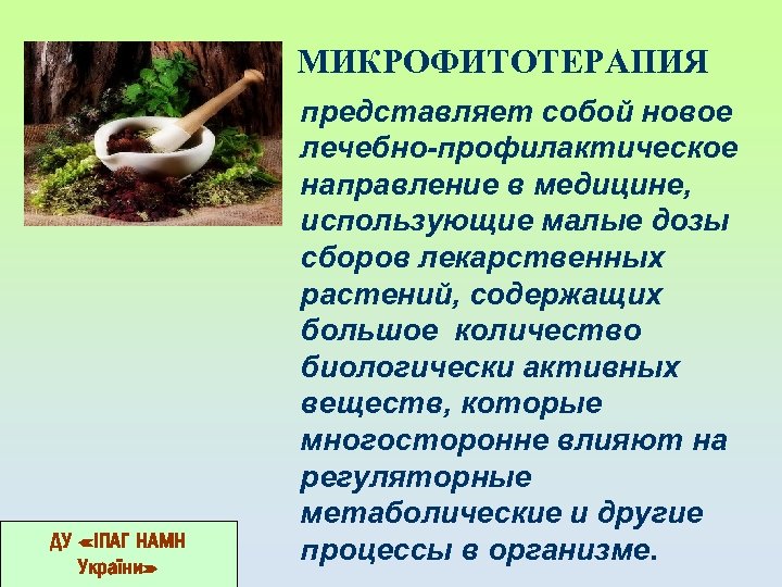 МИКРОФИТОТЕРАПИЯ ДУ «ІПАГ НАМН України» представляет собой новое лечебно-профилактическое направление в медицине, использующие малые