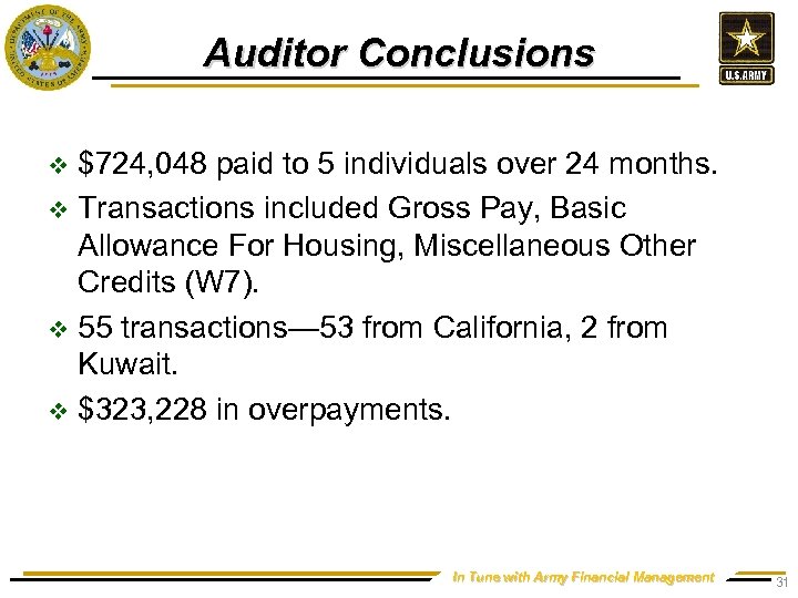 Auditor Conclusions $724, 048 paid to 5 individuals over 24 months. v Transactions included