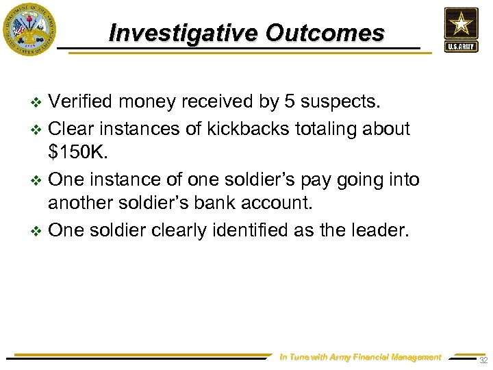 Investigative Outcomes Verified money received by 5 suspects. v Clear instances of kickbacks totaling