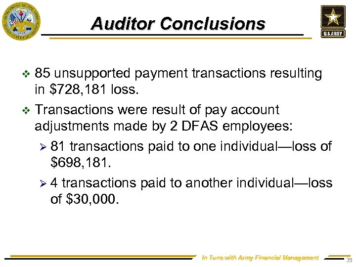 Auditor Conclusions 85 unsupported payment transactions resulting in $728, 181 loss. v Transactions were
