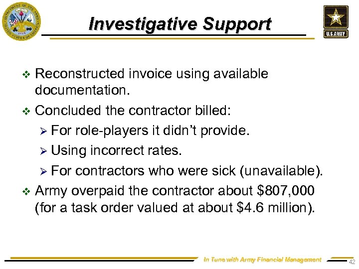 Investigative Support Reconstructed invoice using available documentation. v Concluded the contractor billed: Ø For