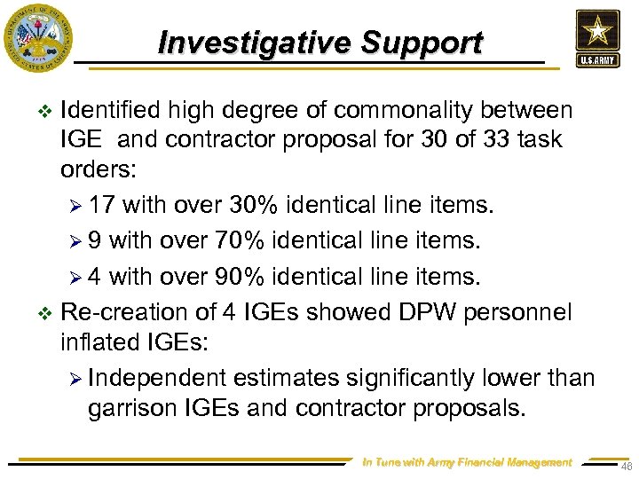 Investigative Support Identified high degree of commonality between IGE and contractor proposal for 30