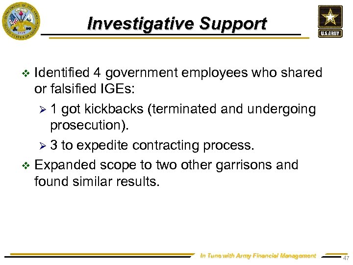 Investigative Support Identified 4 government employees who shared or falsified IGEs: Ø 1 got
