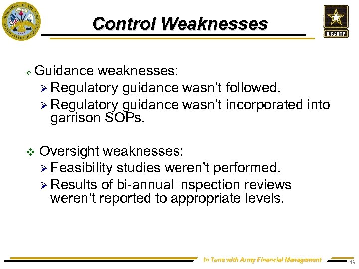 Control Weaknesses v Guidance weaknesses: Ø Regulatory guidance wasn’t followed. Ø Regulatory guidance wasn’t