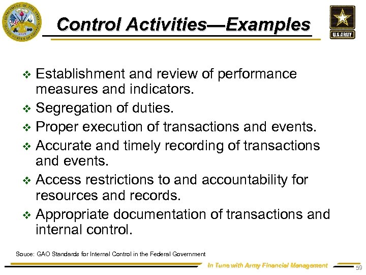 Control Activities—Examples Establishment and review of performance measures and indicators. v Segregation of duties.
