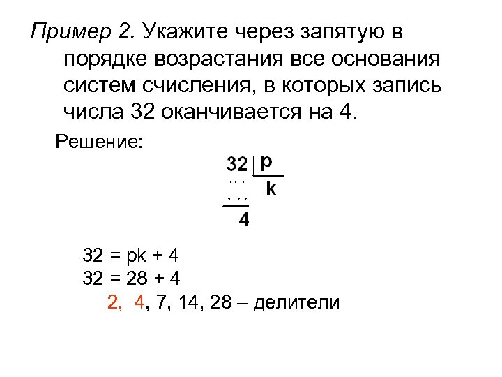 Пример 2. Укажите через запятую в порядке возрастания все основания систем счисления, в которых