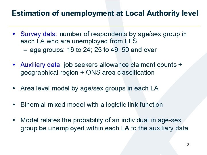 Estimation of unemployment at Local Authority level • Survey data: number of respondents by