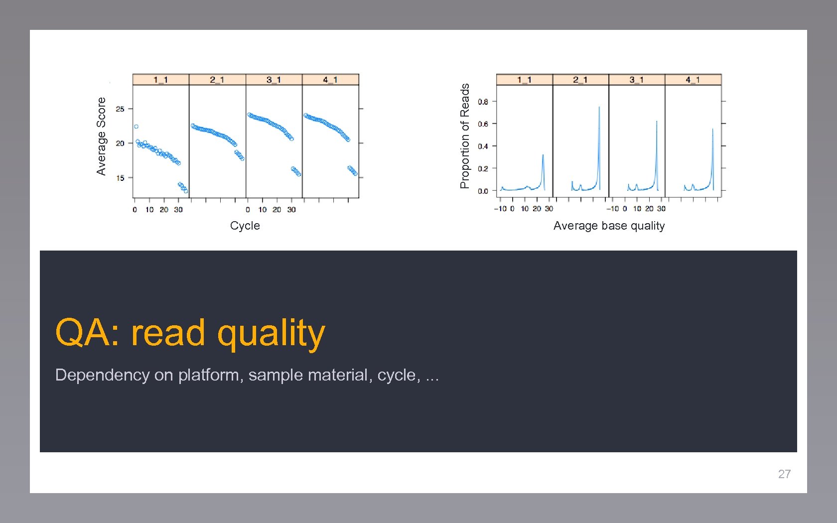 Proportion of Reads Average Score Cycle Average base quality QA: read quality Dependency on