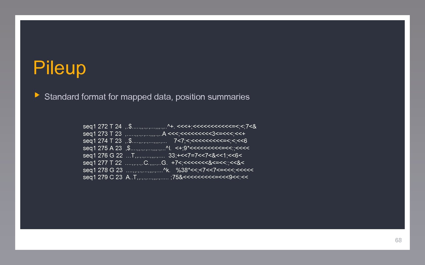 Pileup Standard format for mapped data, position summaries seq 1 272 T 24 seq
