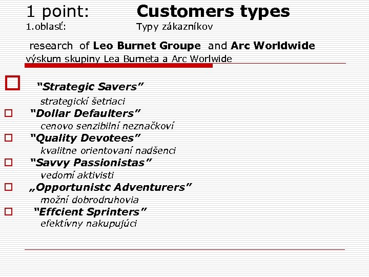 1 point: 1. oblasť: Customers types Typy zákazníkov research of Leo Burnet Groupe and