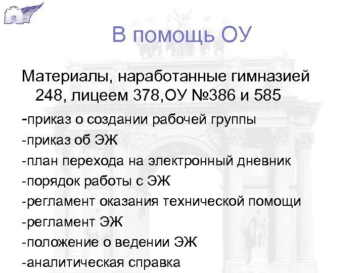 В помощь ОУ Материалы, наработанные гимназией 248, лицеем 378, ОУ № 386 и 585