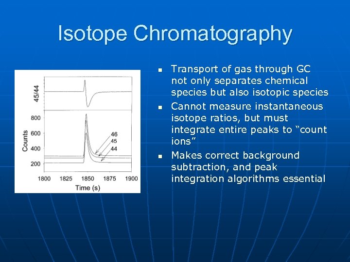 Isotope Chromatography n n n Transport of gas through GC not only separates chemical