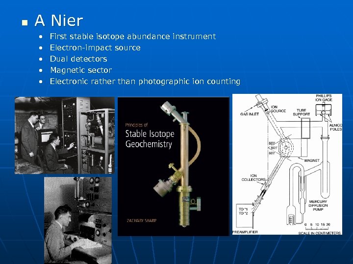 n A Nier • • • First stable isotope abundance instrument Electron-impact source Dual