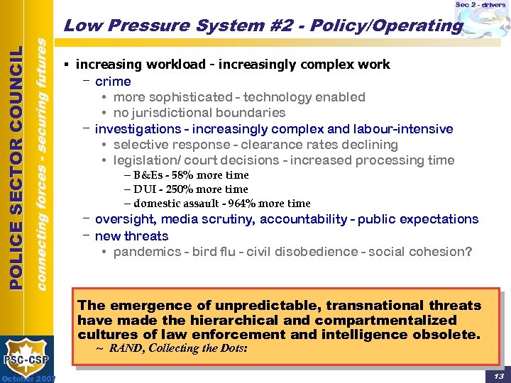 Sec 2 - drivers connecting forces - securing futures POLICE SECTOR COUNCIL Low Pressure