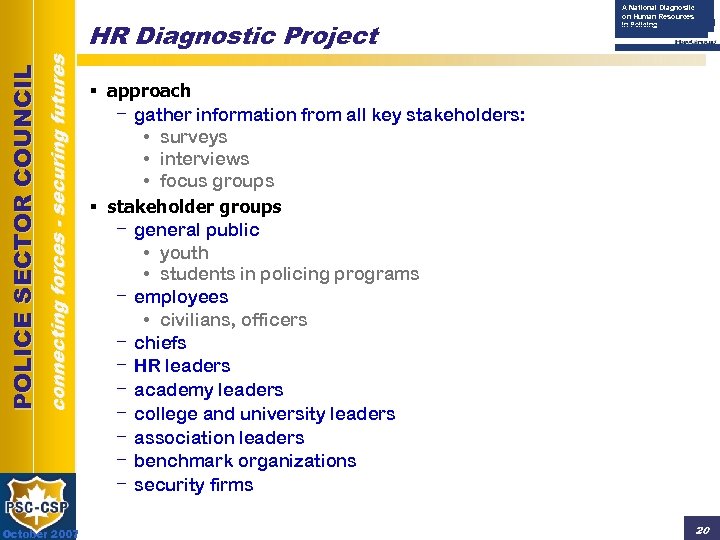 connecting forces - securing futures POLICE SECTOR COUNCIL HR Diagnostic Project October 2007 A
