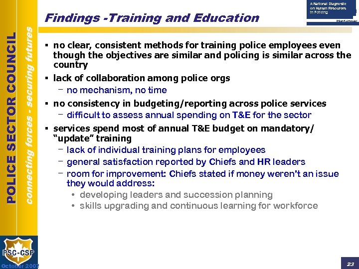 connecting forces - securing futures POLICE SECTOR COUNCIL Findings -Training and Education October 2007