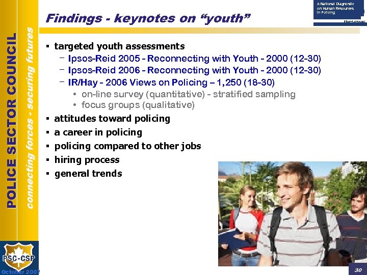 connecting forces - securing futures POLICE SECTOR COUNCIL Findings - keynotes on “youth” October