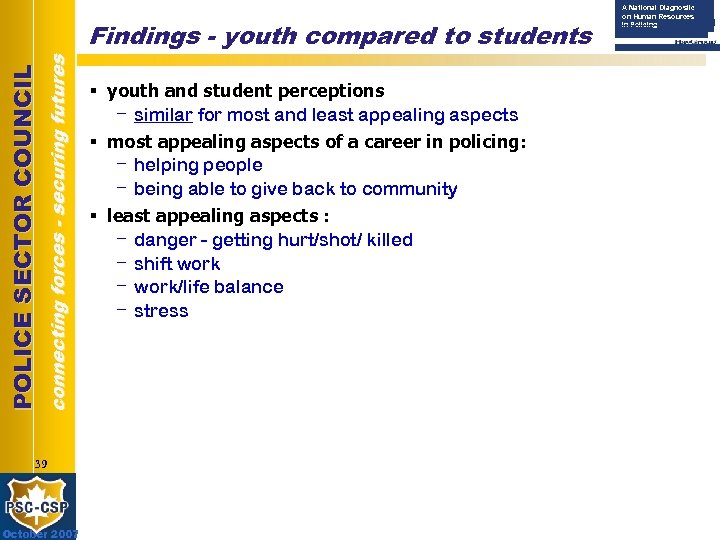 connecting forces - securing futures POLICE SECTOR COUNCIL Findings - youth compared to students