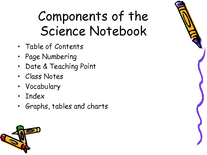 Components of the Science Notebook • • Table of Contents Page Numbering Date &