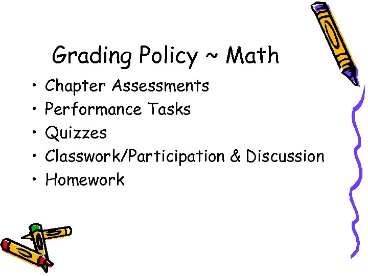 Grading Policy ~ Math • • • Chapter Assessments Performance Tasks Quizzes Classwork/Participation &